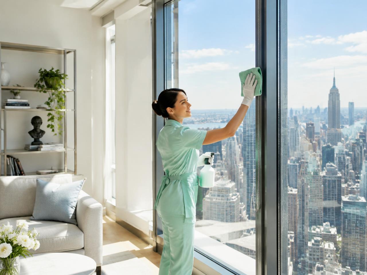 Glo Clean cleaner wiping windows above the Manhattan skyline